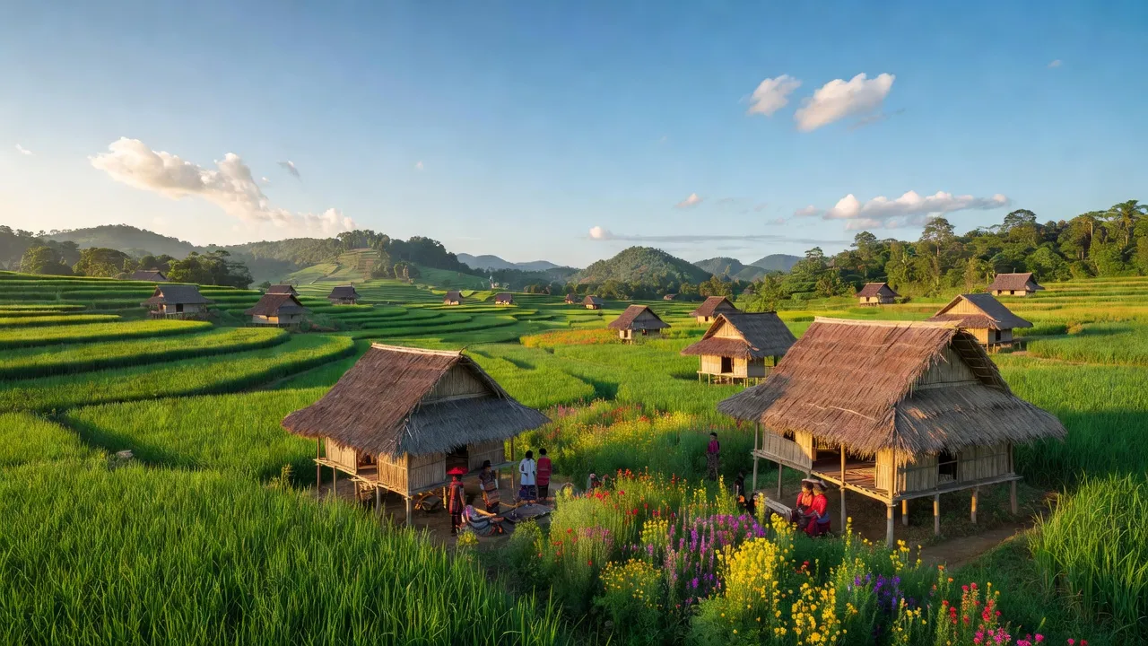 Xã Đăk Tơ Pang ở huyện Kông Chro, tỉnh Gia Lai với cảnh sắc tự nhiên và nhà truyền thống.
