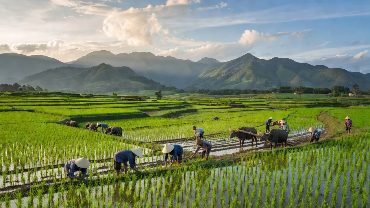 Cảnh quan Xã Kông Yang, Huyện Kông Chro, tỉnh Gia Lai với ruộng lúa xanh tươi và núi.