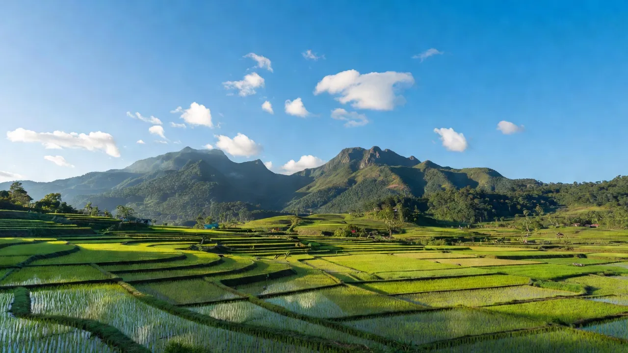 Khung cảnh xã Kông Yang với đồng lúa xanh tươi và núi non Gia Lai, thể hiện khí hậu thái bình.