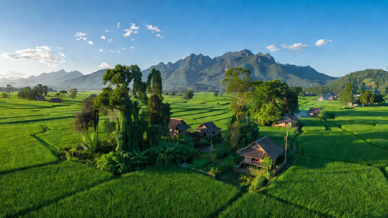 Cảnh quan xã SRó, huyện Kông Chro, Gia Lai với cánh đồng xanh và bầu trời trong xanh.