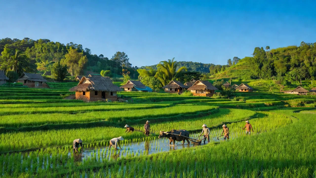 Khung cảnh nông nghiệp xã SRó, huyện Kông Chro, tỉnh Gia Lai với ruộng xanh tươi và nhà truyền thống.