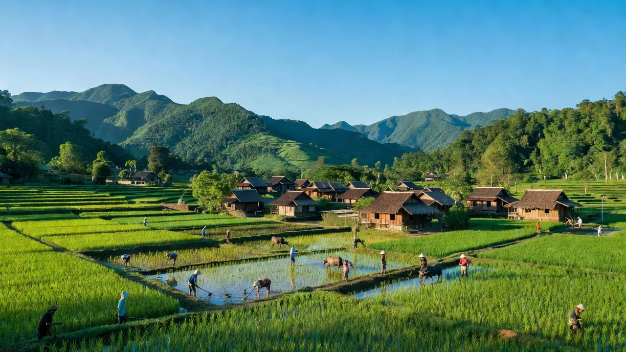 Khung cảnh xã Ya Ma, huyện Kông Chro, tỉnh Gia Lai, với núi xanh, nhà gỗ truyền thống và ruộng lúa.