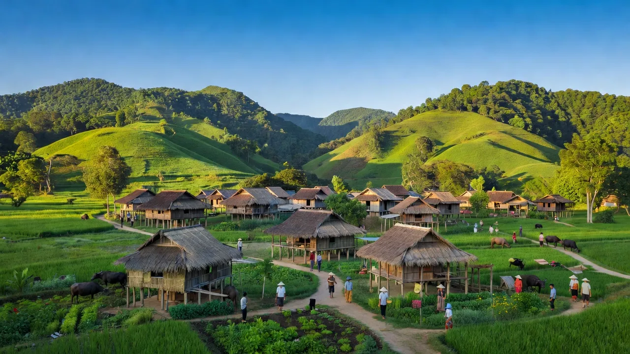 Khung cảnh xanh tươi của xã Ya Ma, huyện Kông Chro, Gia Lai, với núi và nhà truyền thống.