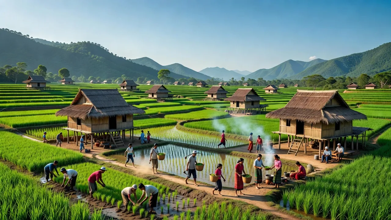 Cảnh quan xã Yang Nam, huyện Kông Chro, tỉnh Gia Lai với ruộng lúa xanh và nhà truyền thống.