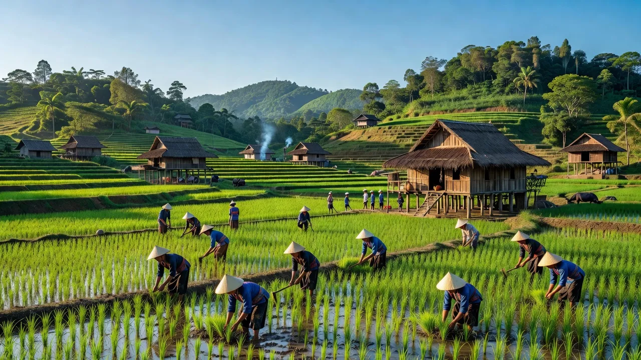 Cảnh sắc làng Yang Nam với ruộng xanh, nhà sàn và cuộc sống cộng đồng dân tộc ở Gia Lai.