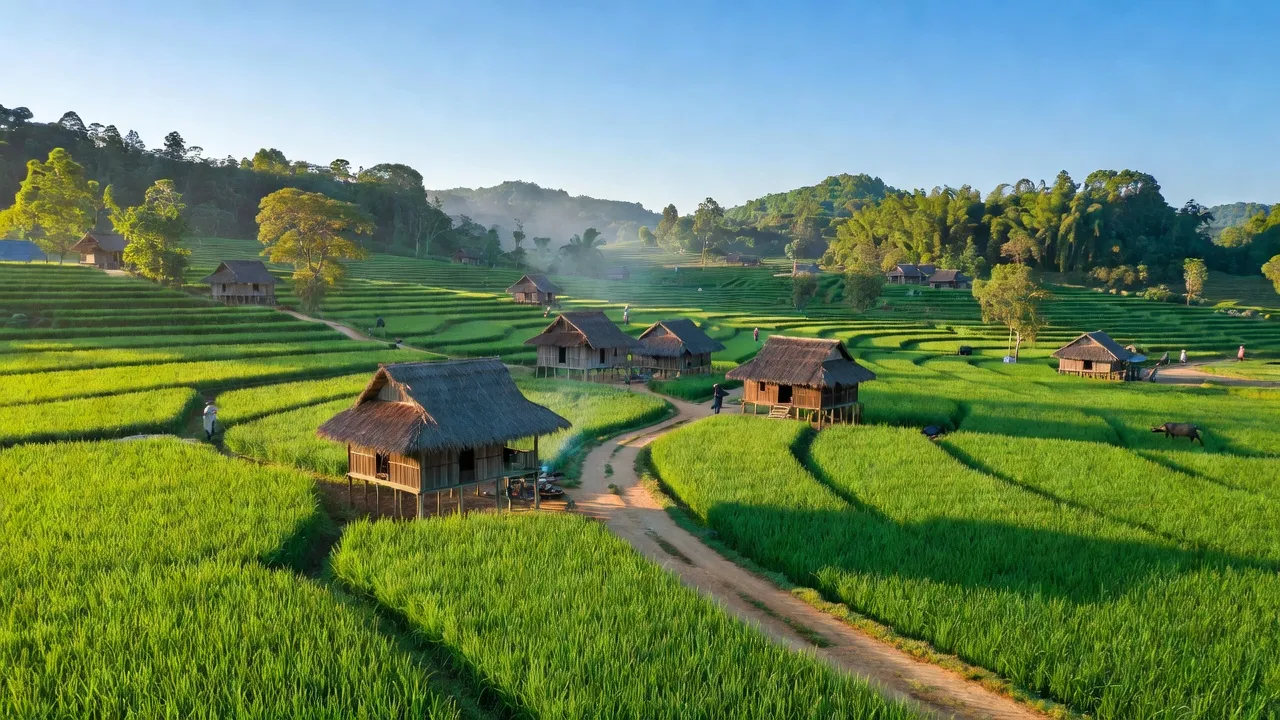 Cảnh quan đẹp ở xã Yang Trung, huyện Kông Chro, tỉnh Gia Lai với cánh đồng xanh tươi.