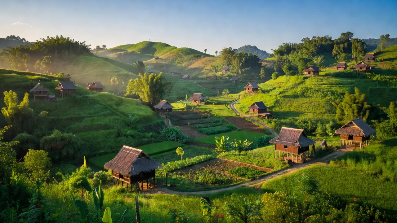 Khung cảnh huyện Krông Pa, Gia Lai với thiên nhiên xanh tươi và nhà sàn truyền thống.