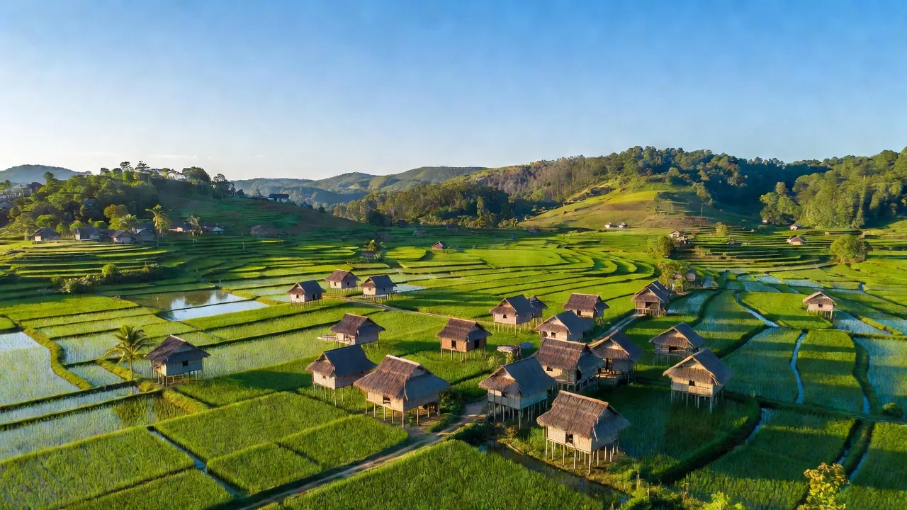 Khung cảnh thiên nhiên huyện Krông Pa, Gia Lai với cánh đồng xanh mướt và nhà truyền thống.