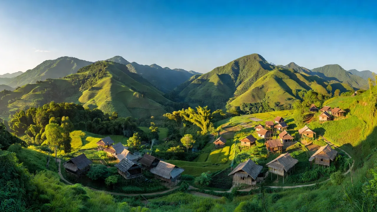 Khung cảnh xã Chư Drăng, huyện Krông Pa, tỉnh Gia Lai với làng đồng bào dân tộc và đồi núi xanh.