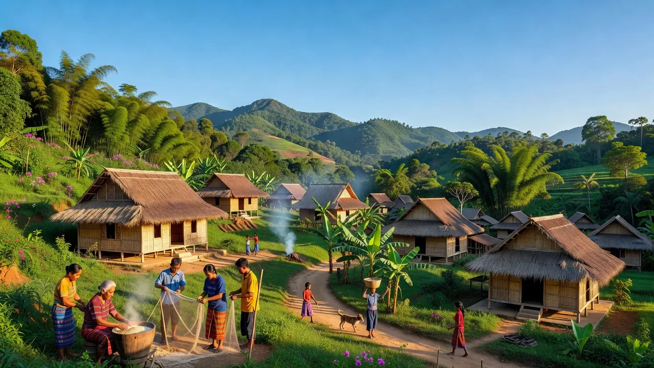 Quang cảnh xóm Chư Drăng huyện Krông Pa, Gia Lai với núi rừng xanh tươi và nhà dân tộc thiểu số.