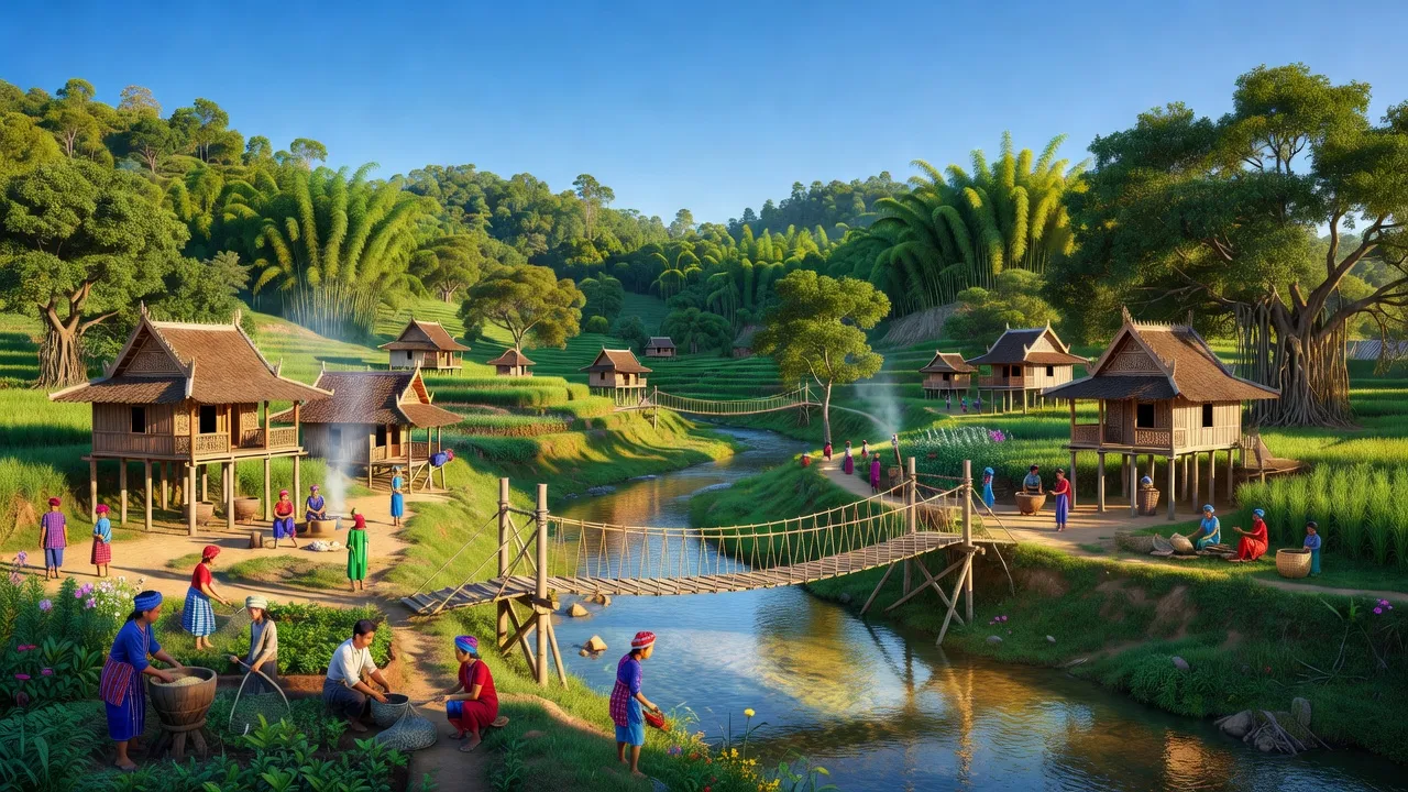 Khung cảnh xã Chư Ngọc, huyện Krông Pa, tỉnh Gia Lai với cầu K’Lúi và đời sống người dân.