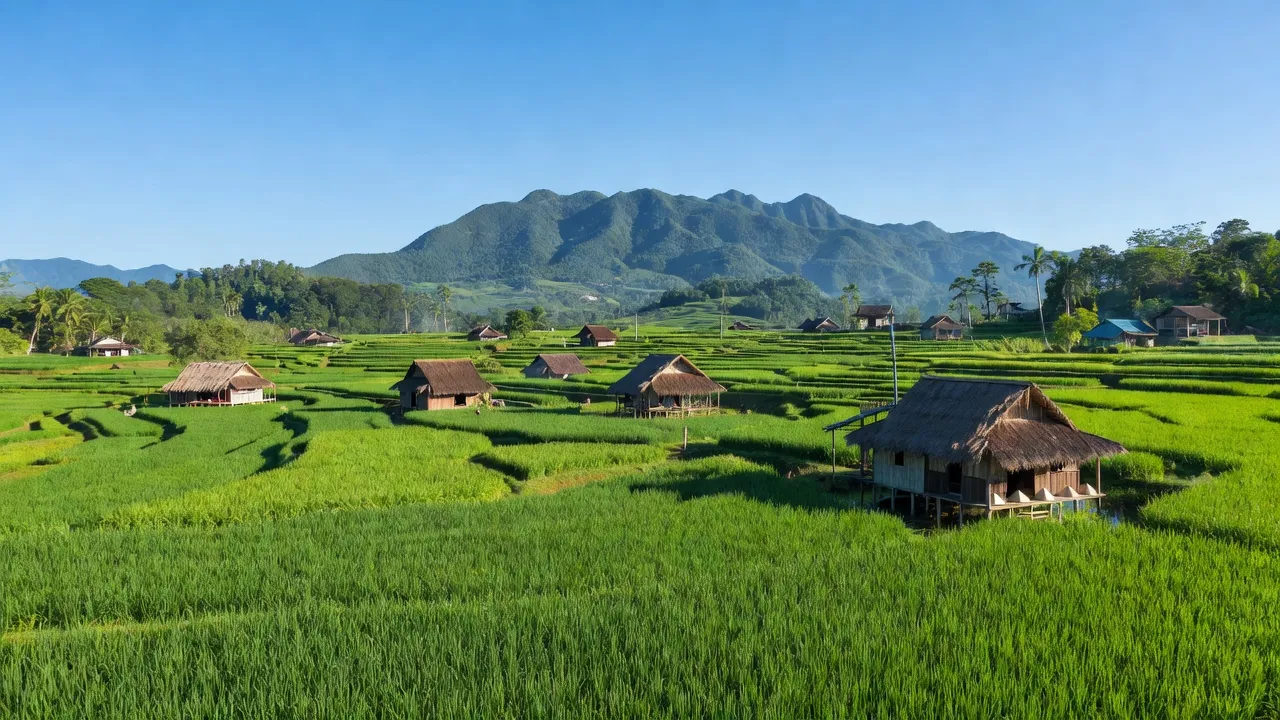 Khung cảnh tươi đẹp xã Chư Rcăm, huyện Krông Pa, Gia Lai với ruộng bậc thang và nhà truyền thống.