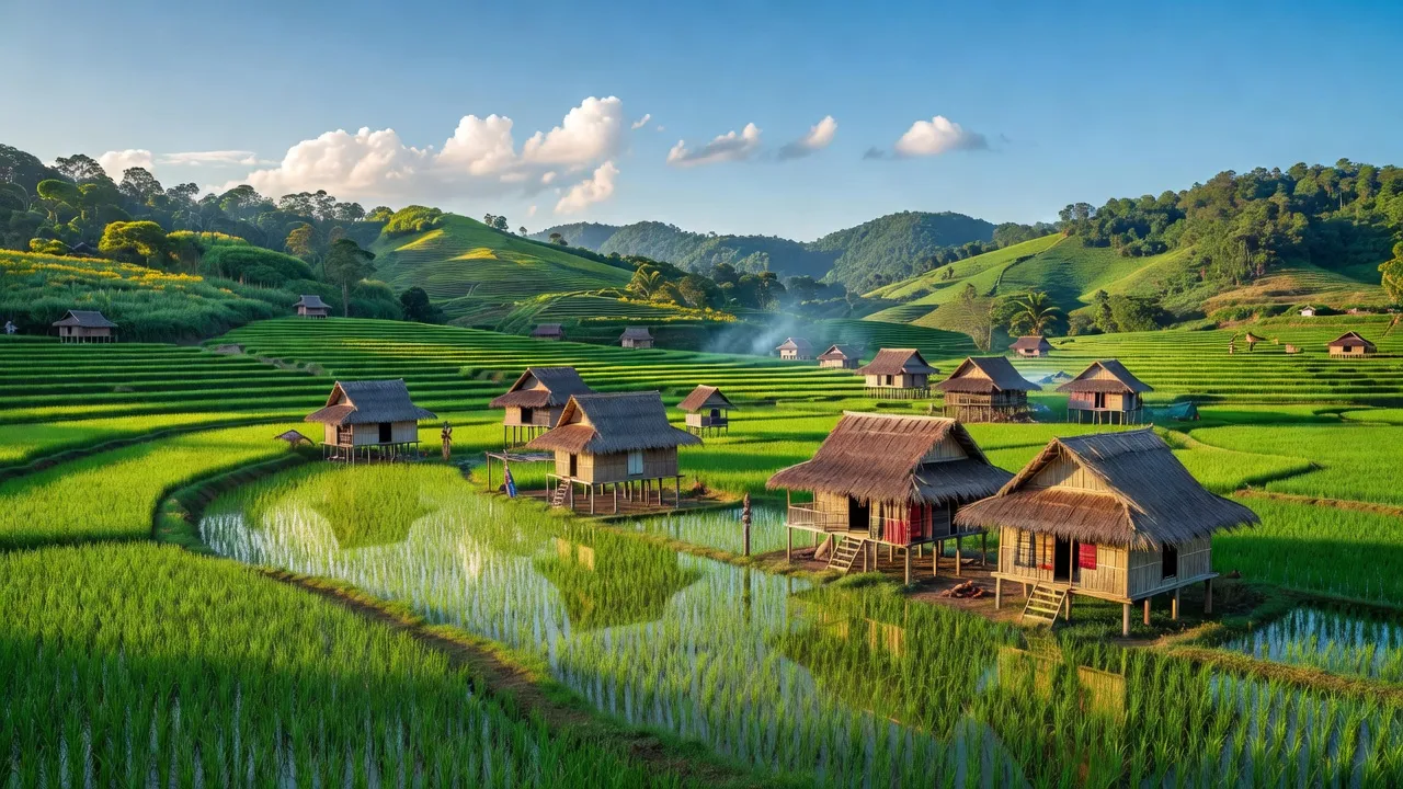Khung cảnh Xã Chư Rcăm, huyện Krông Pa, tỉnh Gia Lai với cánh đồng xanh và nhà sàn truyền thống.