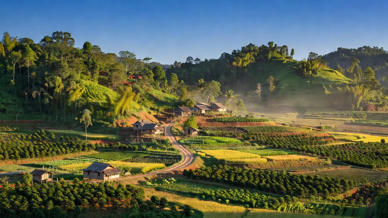 Khung cảnh xã Đất Bằng, huyện Krông Pa, tỉnh Gia Lai với đồi núi và đồng ruộng xanh tươi.