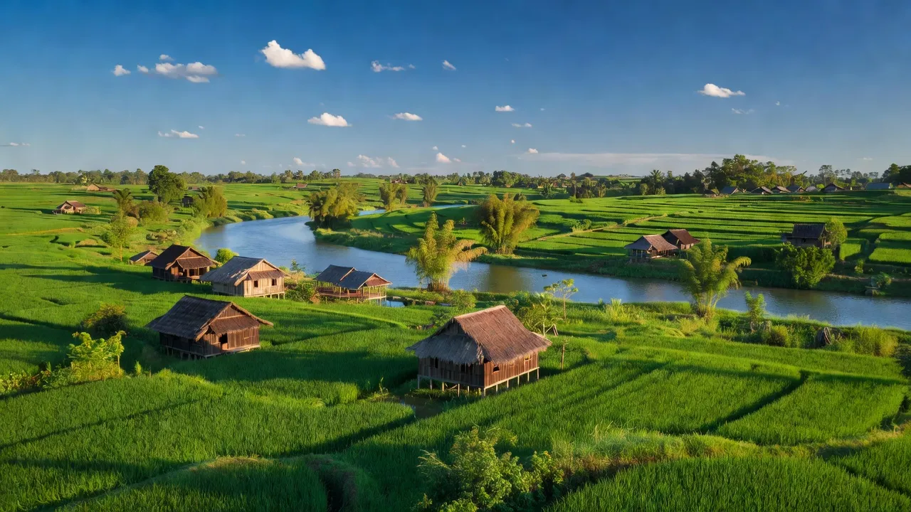 Cảnh quan xã Ia HDreh, huyện Krông Pa, tỉnh Gia Lai với sông Ba và cánh đồng xanh tươi.