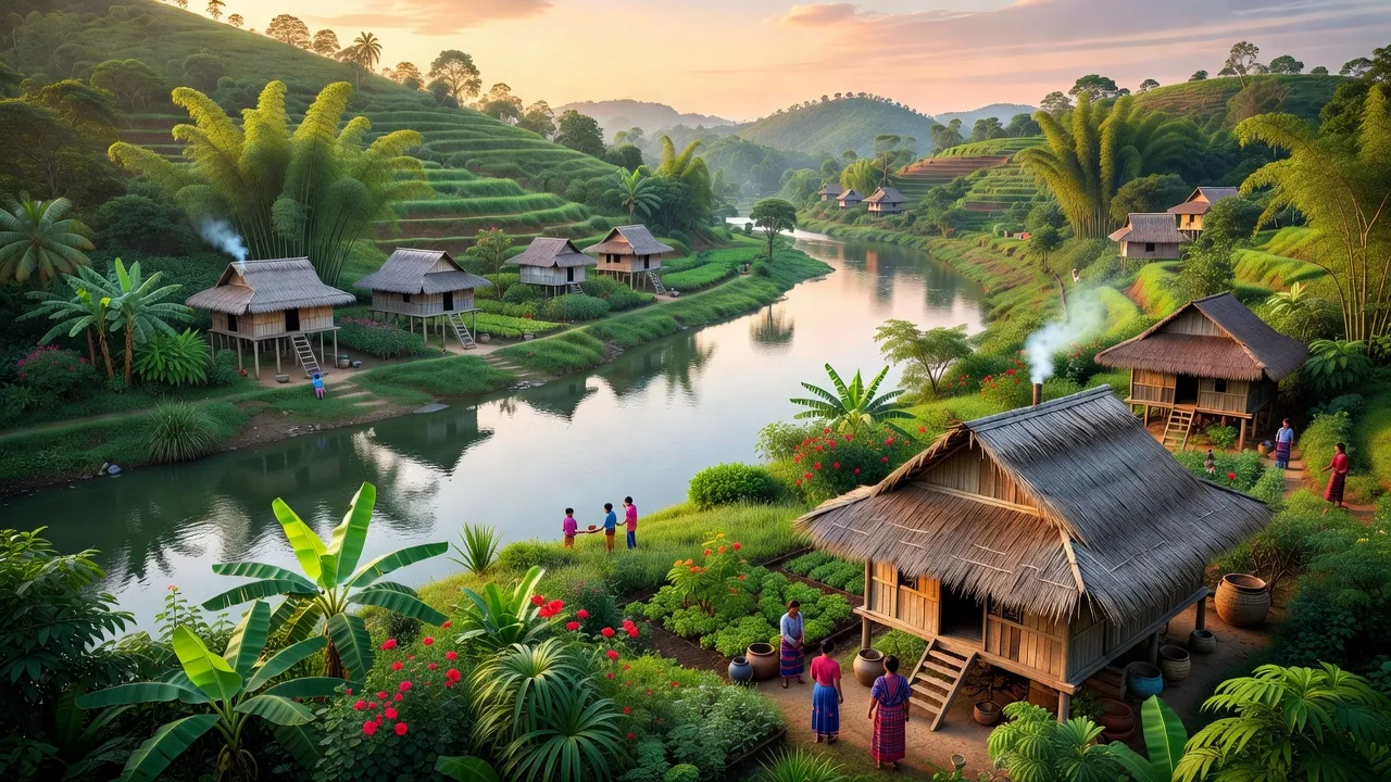 Cảnh đẹp xã Ia RMok, huyện Krông Pa, tỉnh Gia Lai với nhà truyền thống và sông Ba.