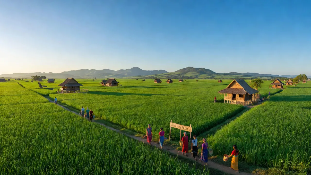 Cảnh làng quê xã Ia RSai thuộc huyện Krông Pa, Gia Lai, với đồi núi và cánh đồng xanh.