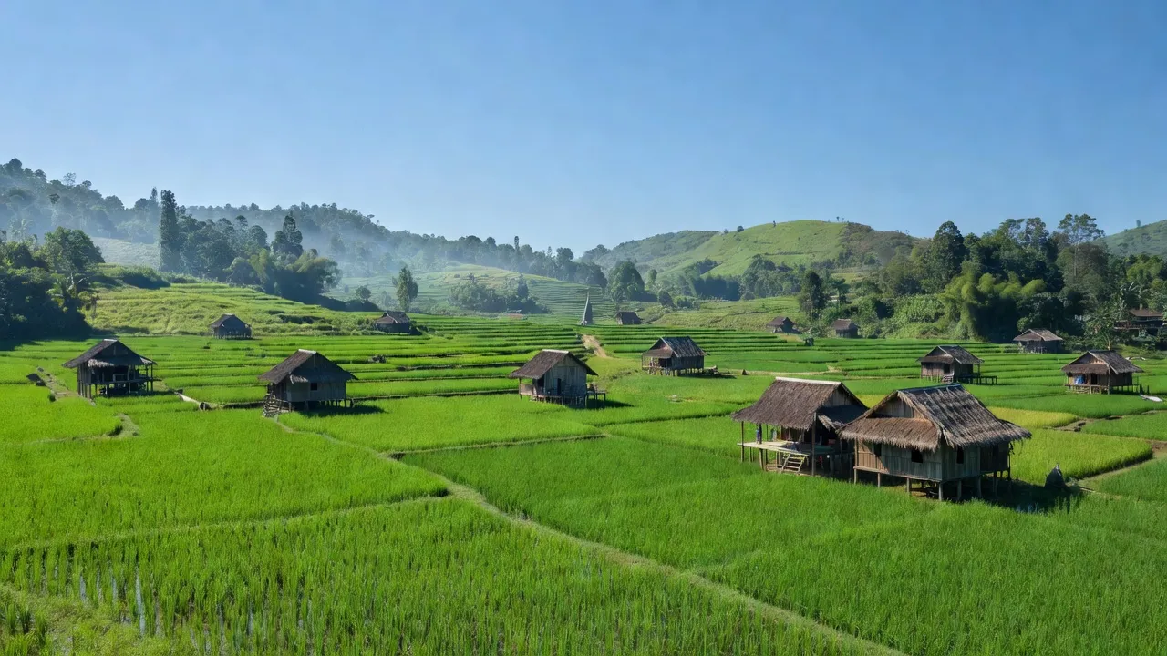 Khung cảnh thiên nhiên xã Ia RSai, huyện Krông Pa, tỉnh Gia Lai với những cánh đồng xanh tươi và nhà sàn truyền thống.