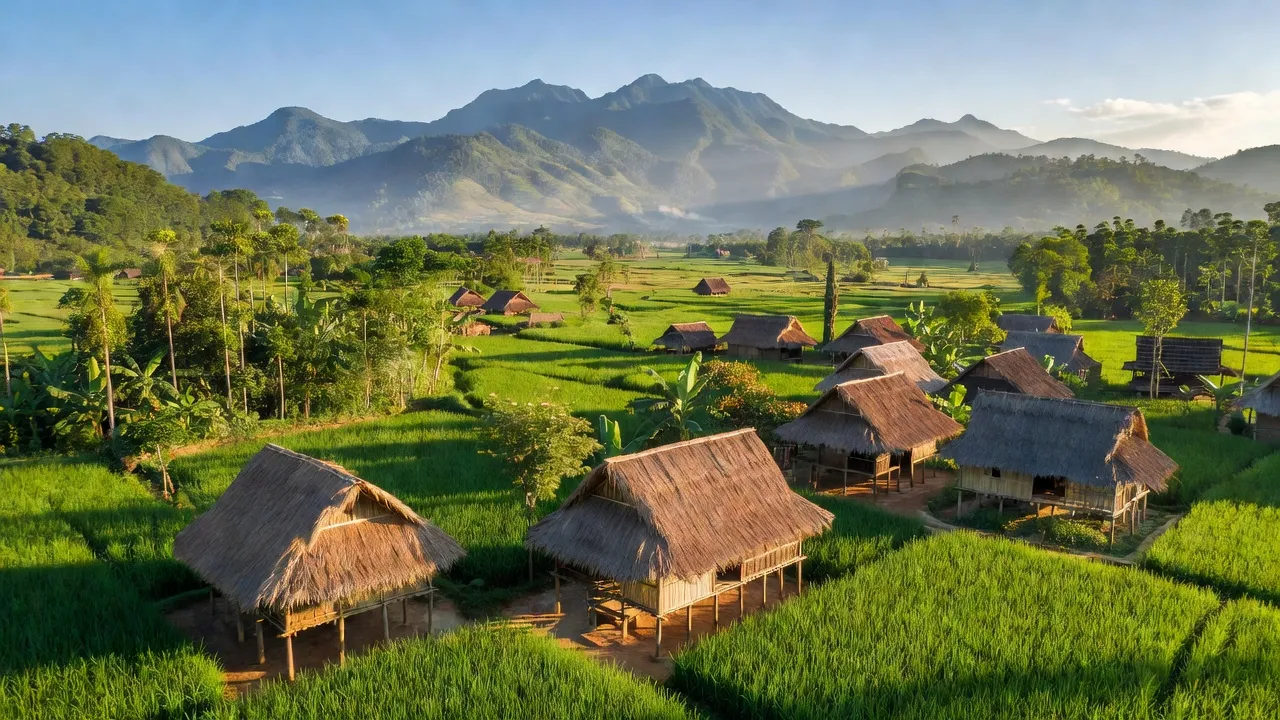 Khung cảnh làng Ia RSươm, huyện Krông Pa, tỉnh Gia Lai với nhà truyền thống và thiên nhiên xanh tươi.