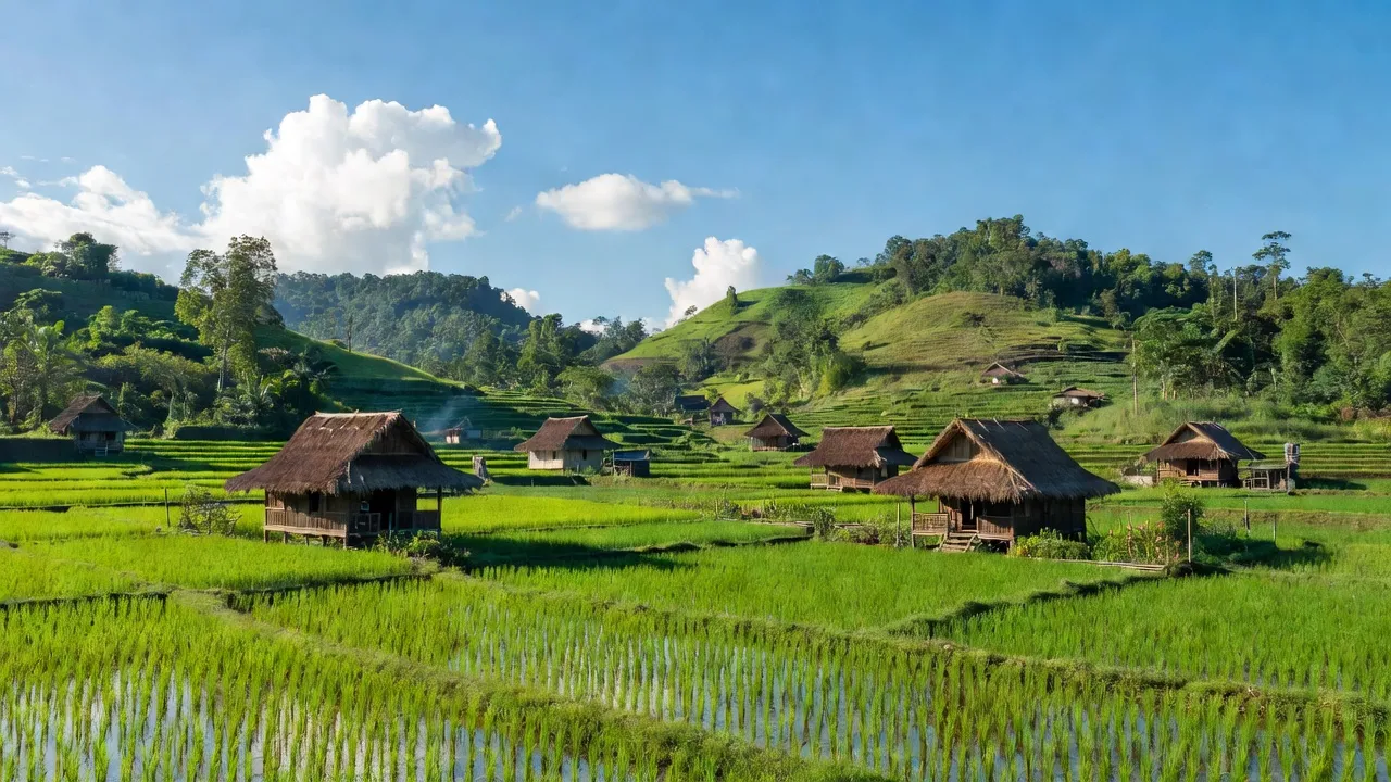 Khung cảnh xã Krông Năng, huyện Krông Pa, tỉnh Gia Lai với những cánh đồng lúa và nhà dân tộc thiểu số.