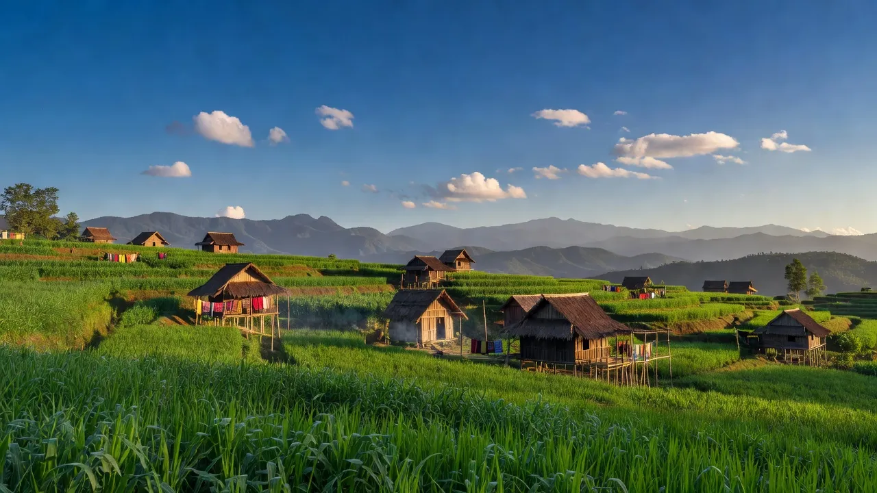 Khung cảnh xã Krông Năng, huyện Krông Pa, tỉnh Gia Lai với nương rẫy và nhà truyền thống.