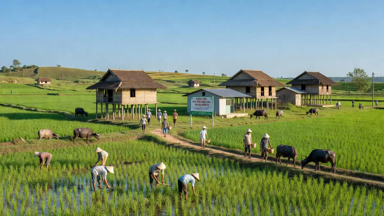 Cảnh đẹp yên bình ở xã Phú Cần, huyện Krông Pa, Gia Lai với cánh đồng xanh và nhà truyền thống.