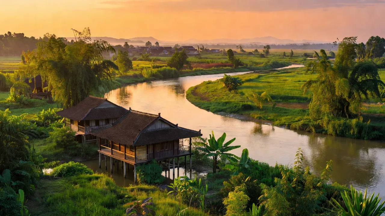 Thị trấn Phú Túc, huyện Krông Pa, tỉnh Gia Lai với cảnh đẹp sông và cây cối xanh tươi.