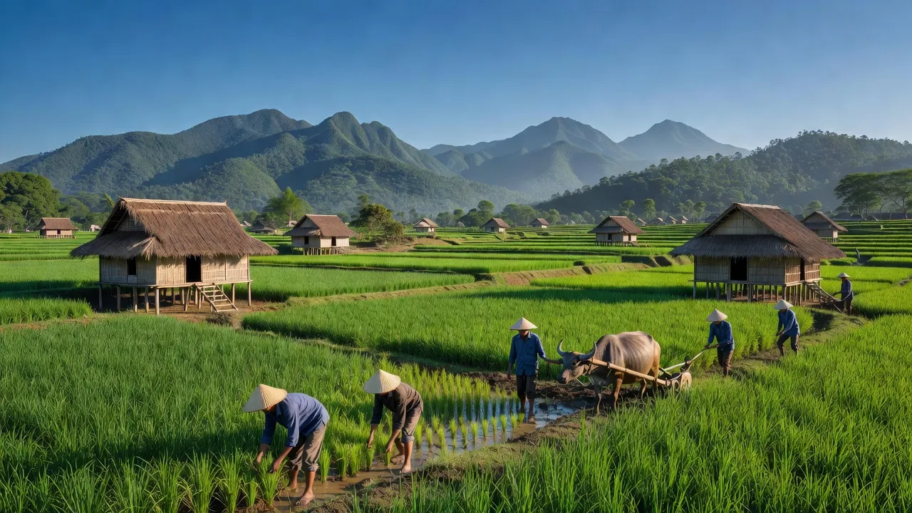 Khung cảnh đẹp tại xã Uar, huyện Krông Pa, tỉnh Gia Lai, với cánh đồng xanh và nhà truyền thống.