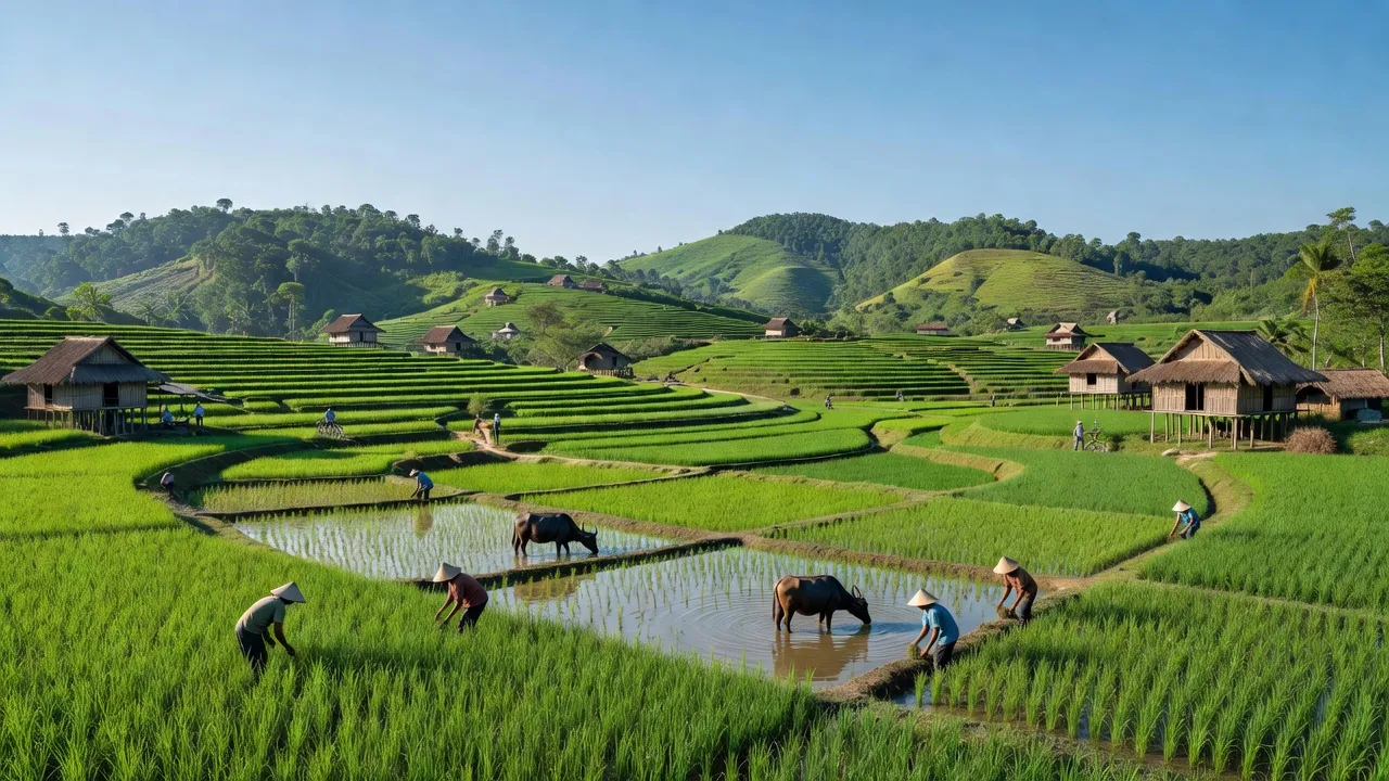 Khung cảnh huyện Mang Yang, Gia Lai với cánh đồng xanh, đồi núi và nhà truyền thống.