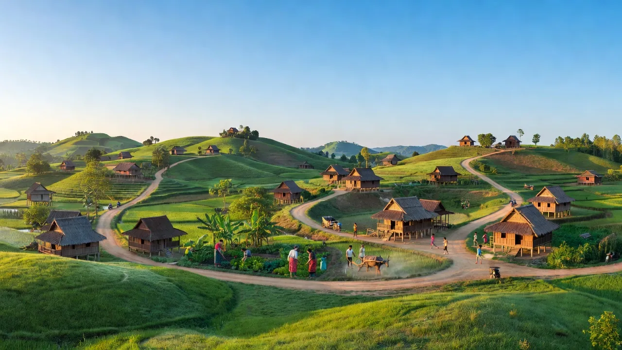 Khung cảnh huyện Mang Yang, Gia Lai với cánh đồng xanh và nhà truyền thống, kết nối giao thông rõ nét.