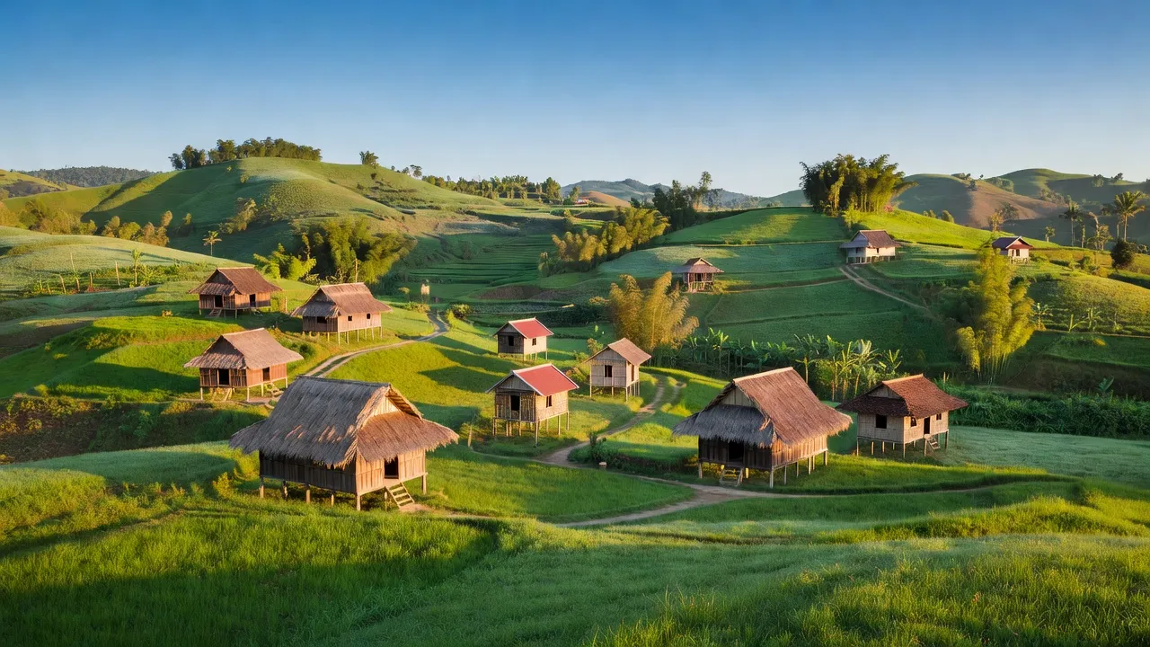 Cảnh đẹp xã Ayun, huyện Mang Yang, tỉnh Gia Lai với thiên nhiên xanh tươi và kiến trúc nông thôn.