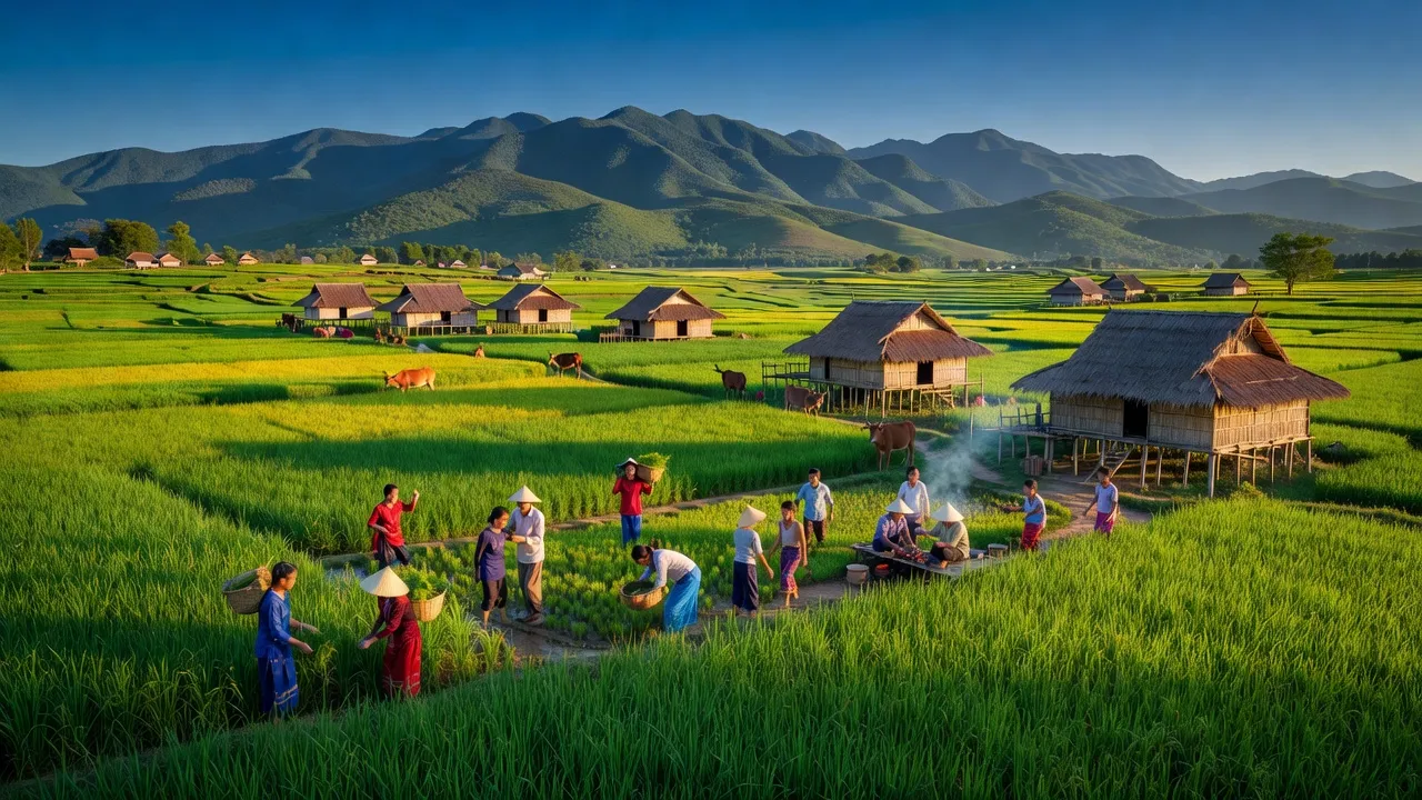 Cảnh quan xã Ayun, huyện Mang Yang, tỉnh Gia Lai với cánh đồng xanh và nhà truyền thống.