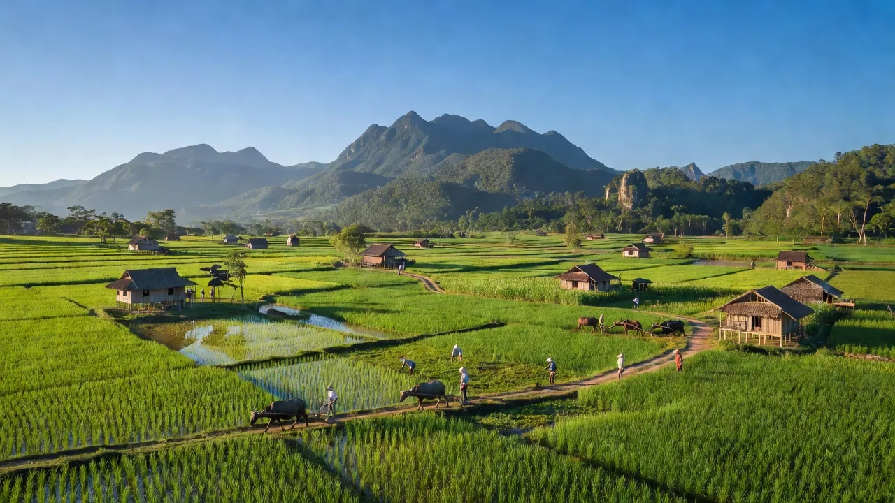 Cảnh đẹp xã Đak Ta Ley, huyện Mang Yang, Gia Lai với cánh đồng xanh và núi non sống động.