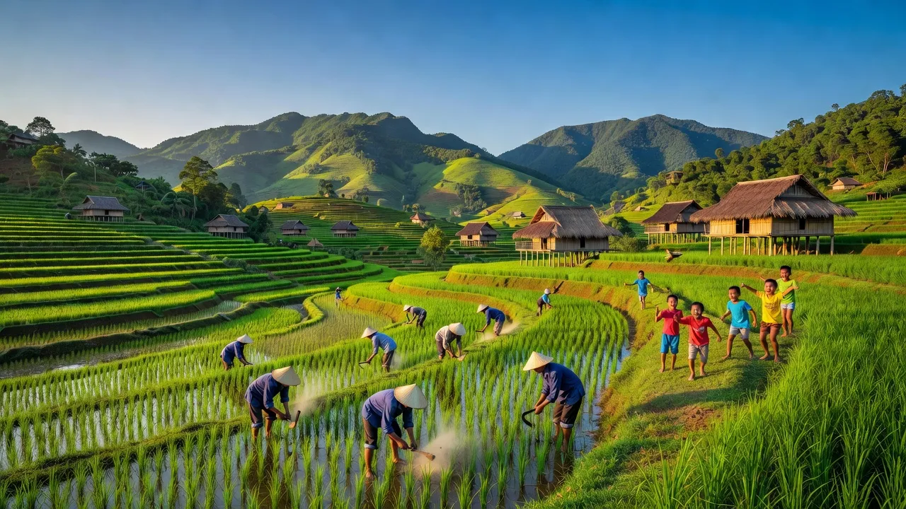 Khung cảnh Đăk Trôi, Huyện Mang Yang, tỉnh Gia Lai, với ruộng bậc thang và cuộc sống nông dân.