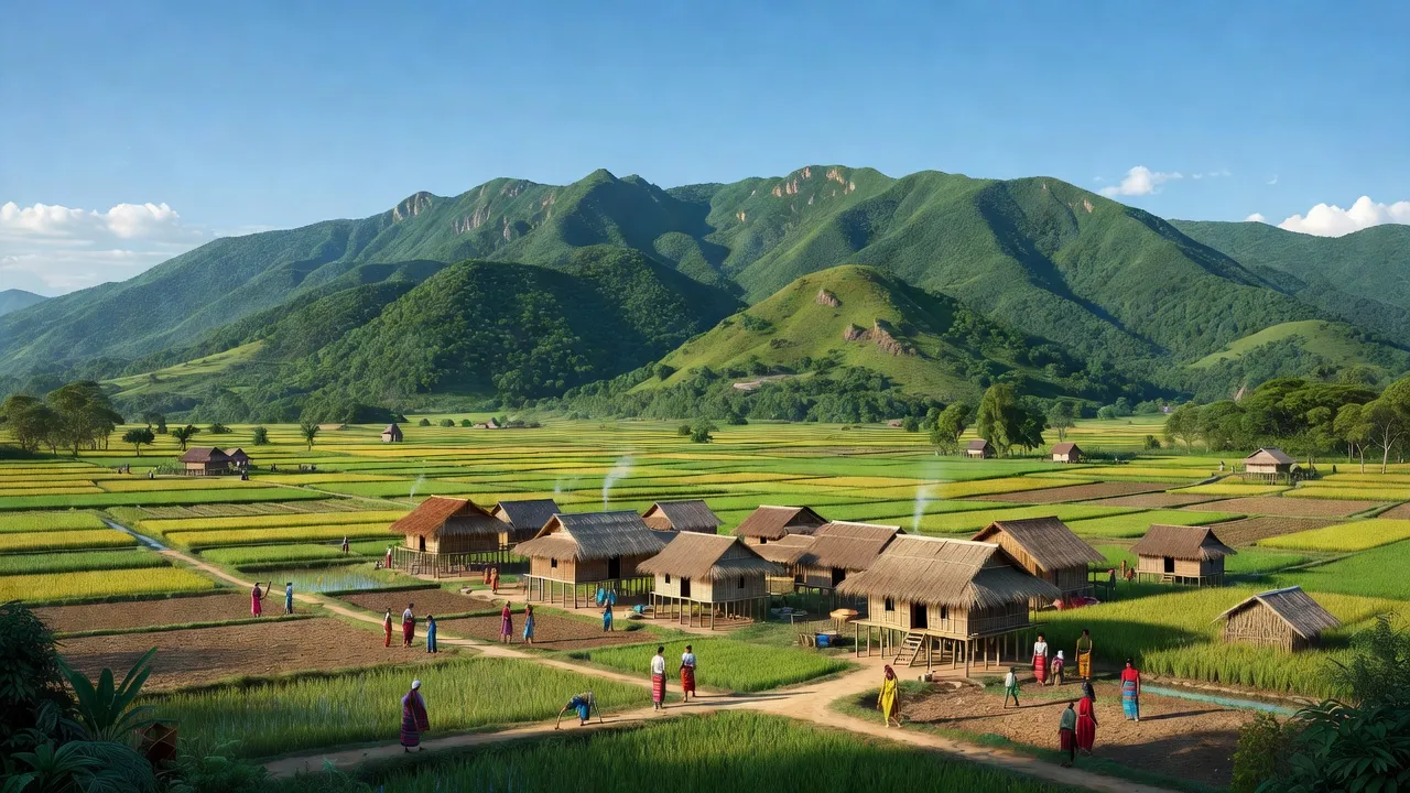 Phong cảnh Xã Đăk Trôi, Huyện Mang Yang, Tỉnh Gia Lai với cánh đồng nông nghiệp và núi xanh.