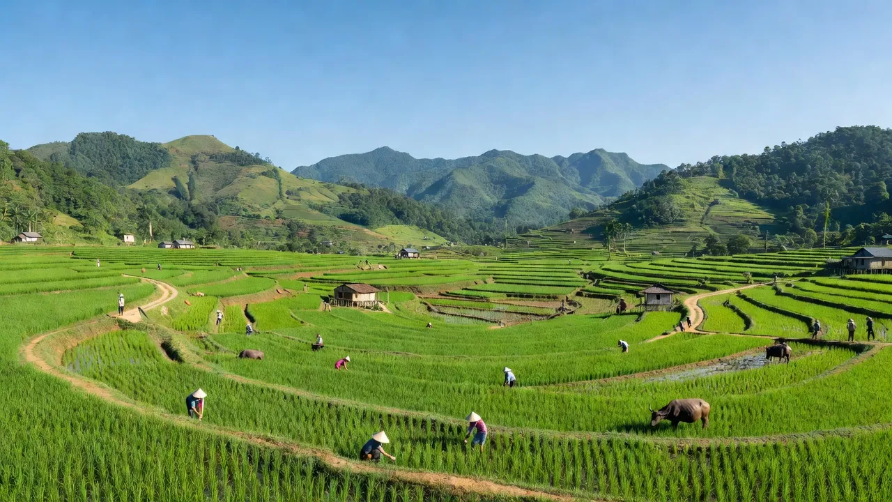 Cảnh nông thôn xã Đăk Yă, huyện Mang Yang, Gia Lai, với đồng ruộng và đồi núi xanh tươi.
