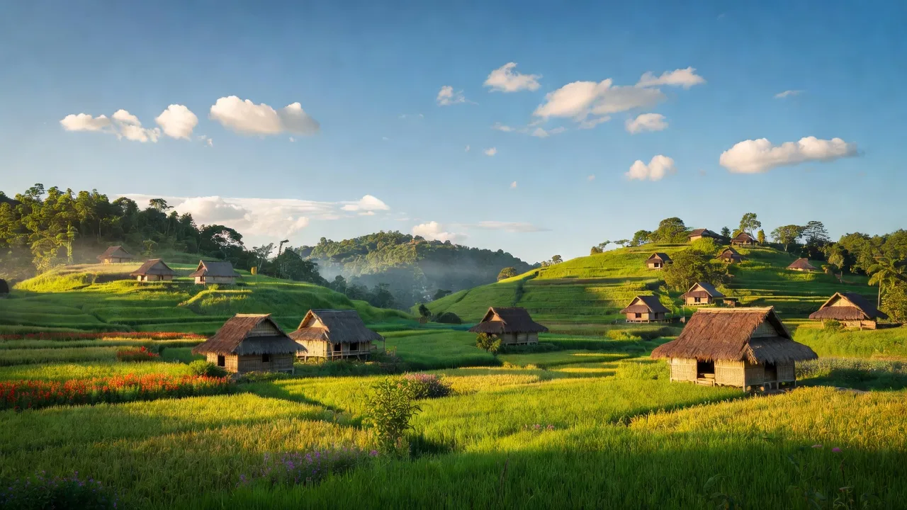 Khung cảnh nguyên sơ tại xã Đê Ar, Huyện Mang Yang, tỉnh Gia Lai với các ngọn đồi xanh và nhà dân tộc.