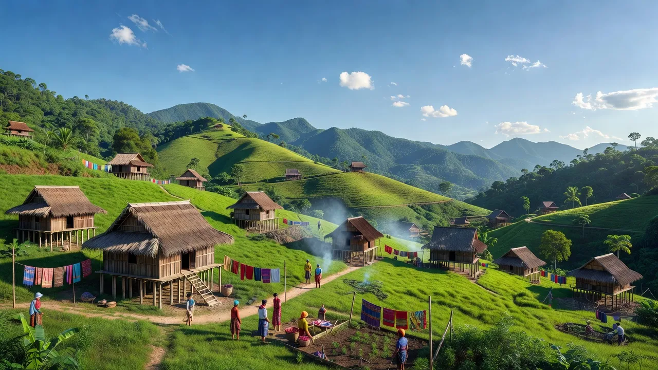 Phong cảnh xanh tươi xã Đê Ar, huyện Mang Yang, tỉnh Gia Lai, với nhà dân tộc thiểu số và rừng núi.