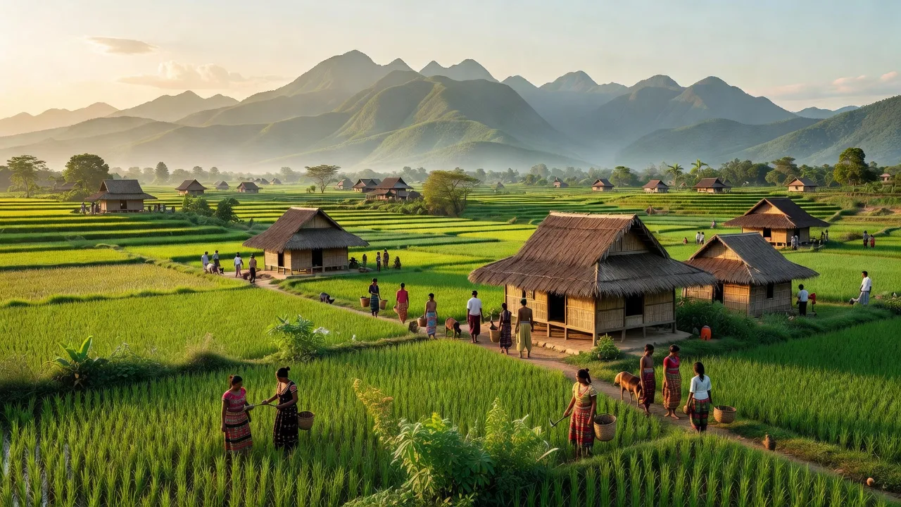 Cảnh quan xanh tươi Xã Hra, Huyện Mang Yang với đồng ruộng và nhà truyền thống Việt.