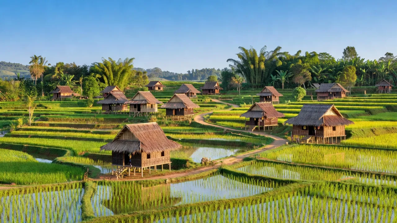 Khung cảnh yên bình Xã Hra, huyện Mang Yang, tỉnh Gia Lai với nhà dân tộc và ruộng bậc thang.