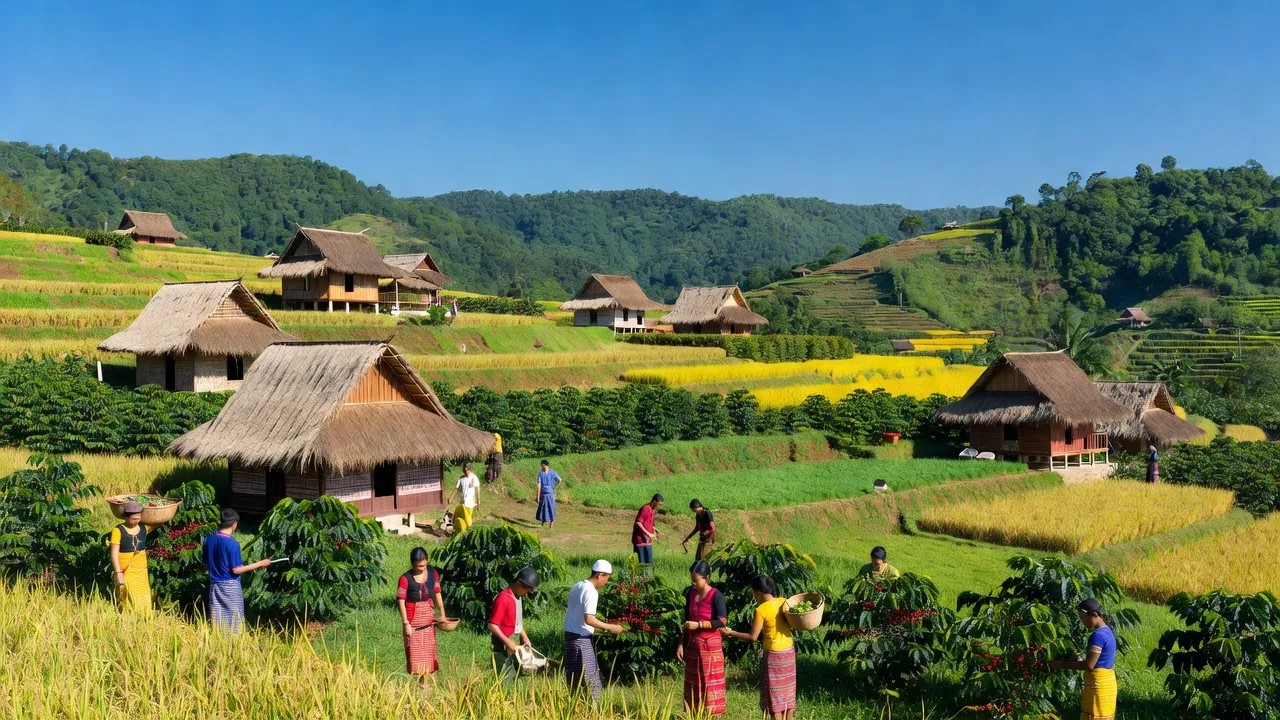 Khung cảnh Xã Kon Chiêng, Huyện Mang Yang, Tỉnh Gia Lai với những cánh đồng xanh và nhà dân tộc.