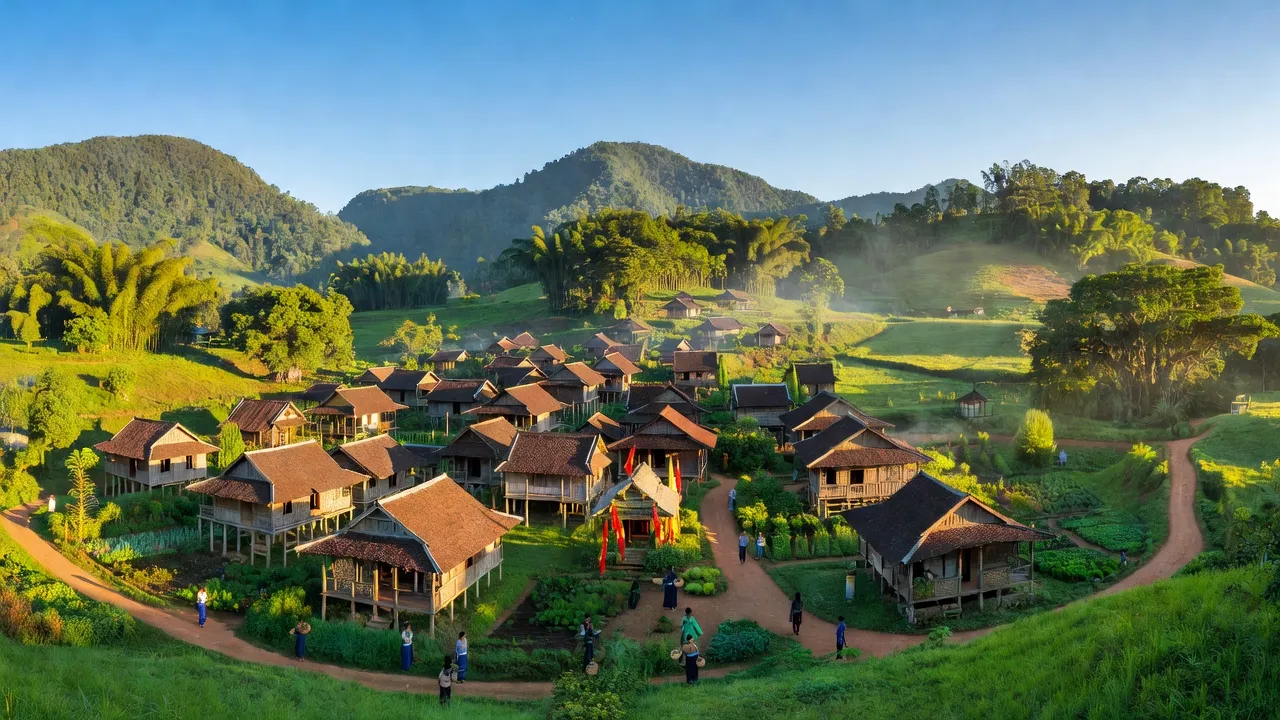 Cảnh đẹp thị trấn Kon Dơng tại huyện Mang Yang, tỉnh Gia Lai, với núi xanh và bầu trời trong xanh.