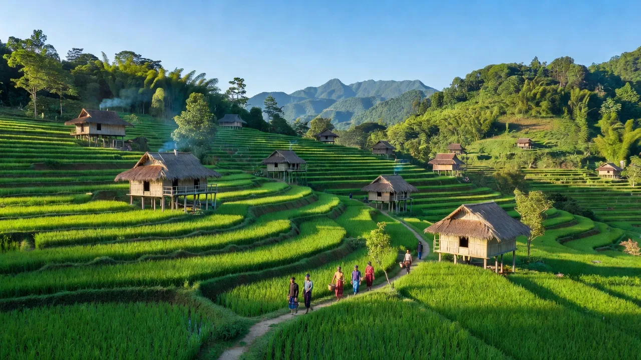 Cảnh đẹp xã Kon Thụp, huyện Mang Yang, tỉnh Gia Lai với nhà ở truyền thống và cánh đồng lúa.