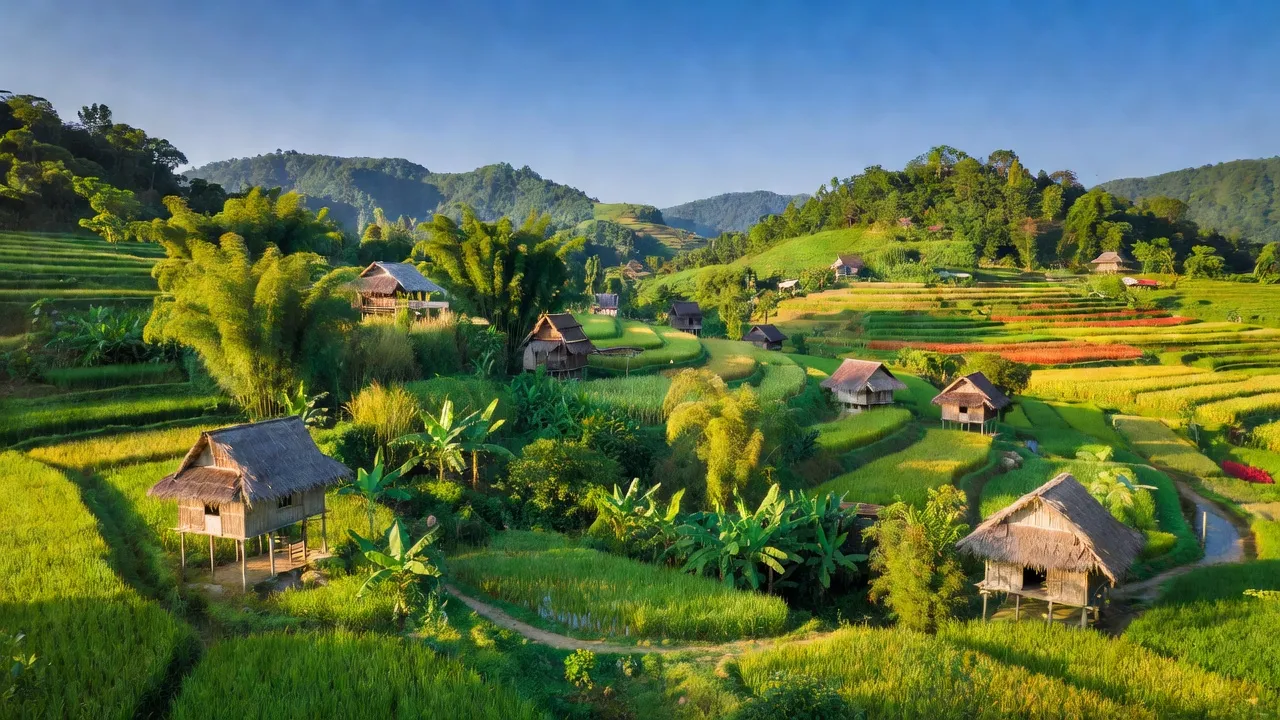 Khung cảnh đẹp của xã Kon Thụp, huyện Mang Yang, tỉnh Gia Lai với làng Ba Na và ruộng tươi tốt.