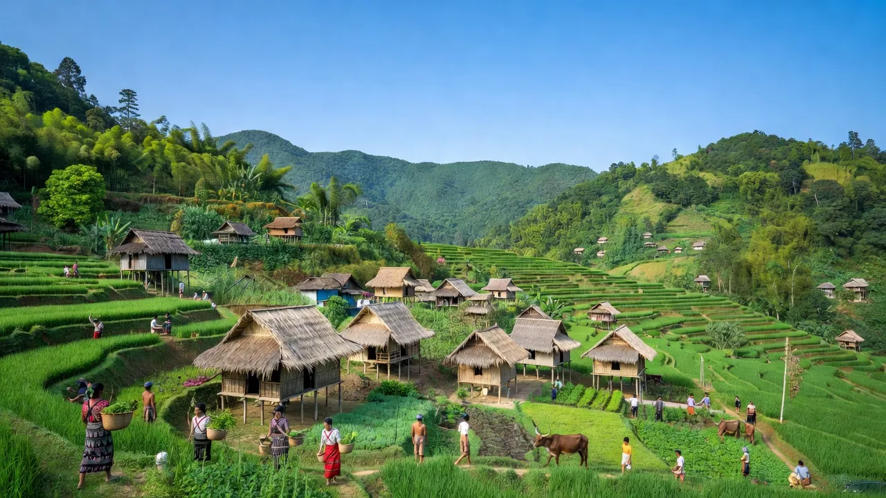 Khung cảnh thiên nhiên xã Lơ Pang, huyện Mang Yang, tỉnh Gia Lai với núi rừng và bản làng dân tộc.