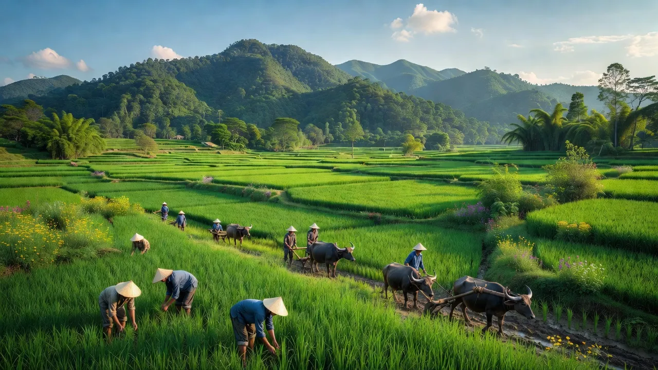 Khung cảnh huyện Phú Thiện, Gia Lai với cánh đồng xanh, đồi núi nổi bật và hoạt động nông nghiệp.