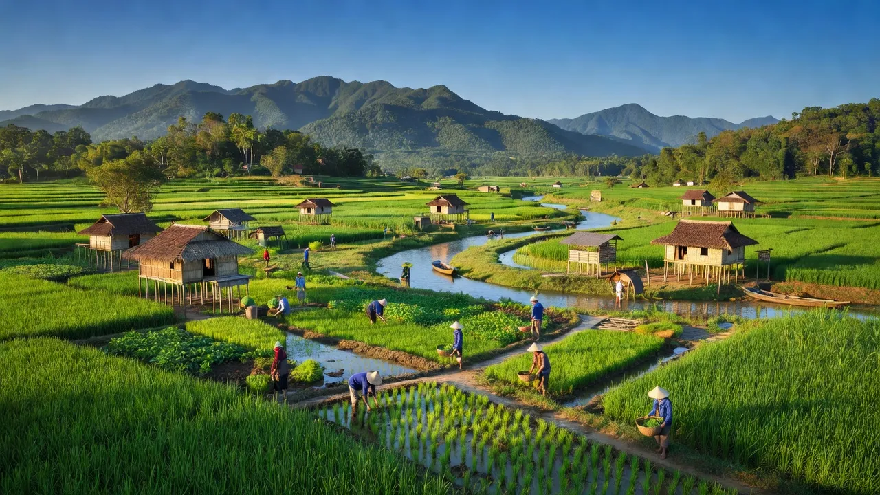 Cảnh đẹp xã Ayun Hạ, Phú Thiện, Gia Lai với cánh đồng xanh, sông Ayun và hoạt động nông nghiệp.