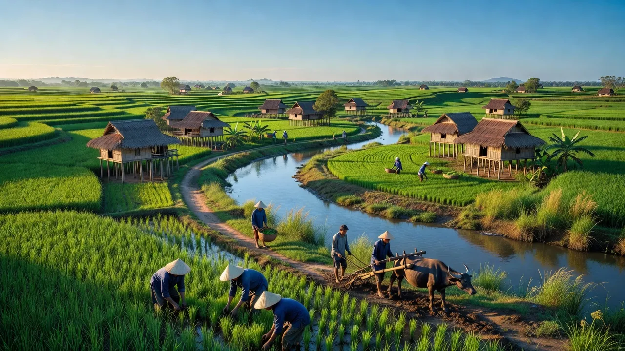 Cảnh quan nông thôn xã Ayun Hạ, huyện Phú Thiện, tỉnh Gia Lai với đồng xanh và sông Ayun.