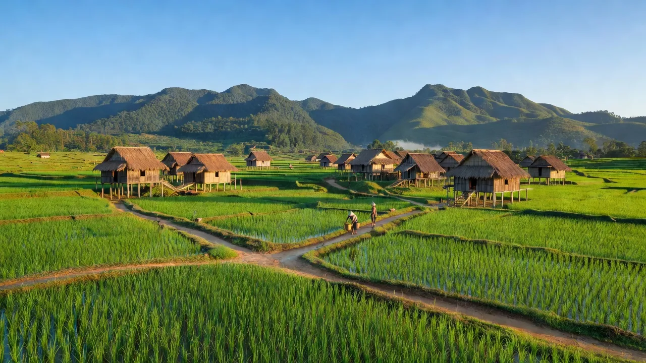 Khung cảnh xã Chư A Thai, huyện Phú Thiện, Gia Lai với cánh đồng xanh và nhà sàn truyền thống.