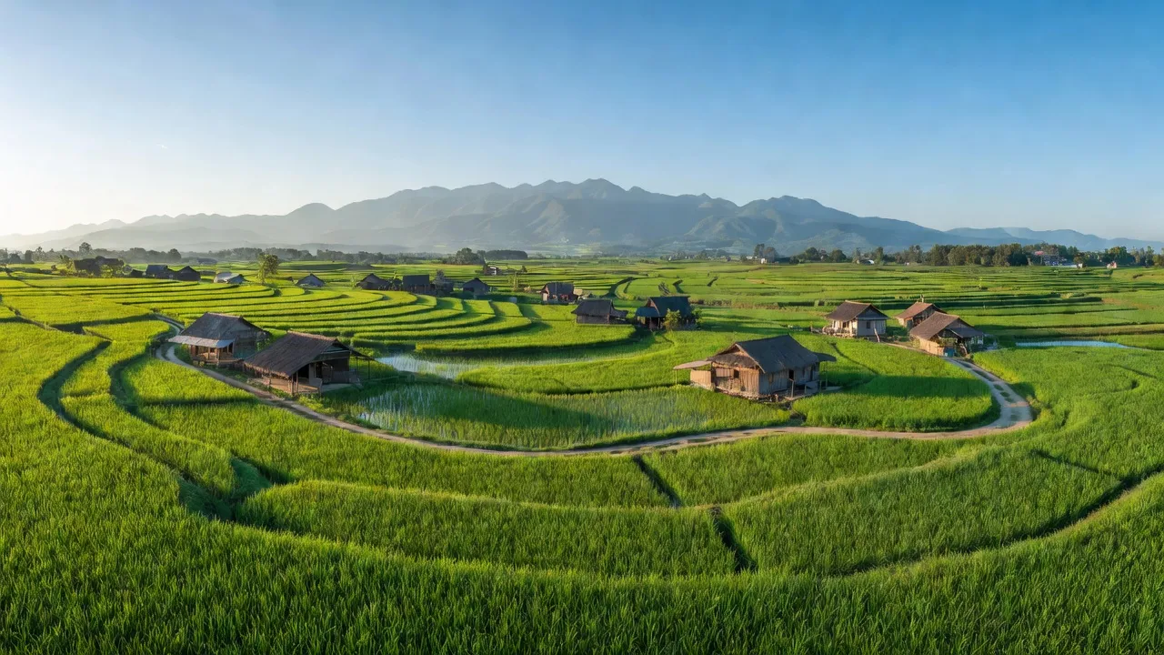 Cảnh đẹp nông thôn xã Ia Ake, huyện Phú Thiện, tỉnh Gia Lai với cánh đồng và nhà cửa.